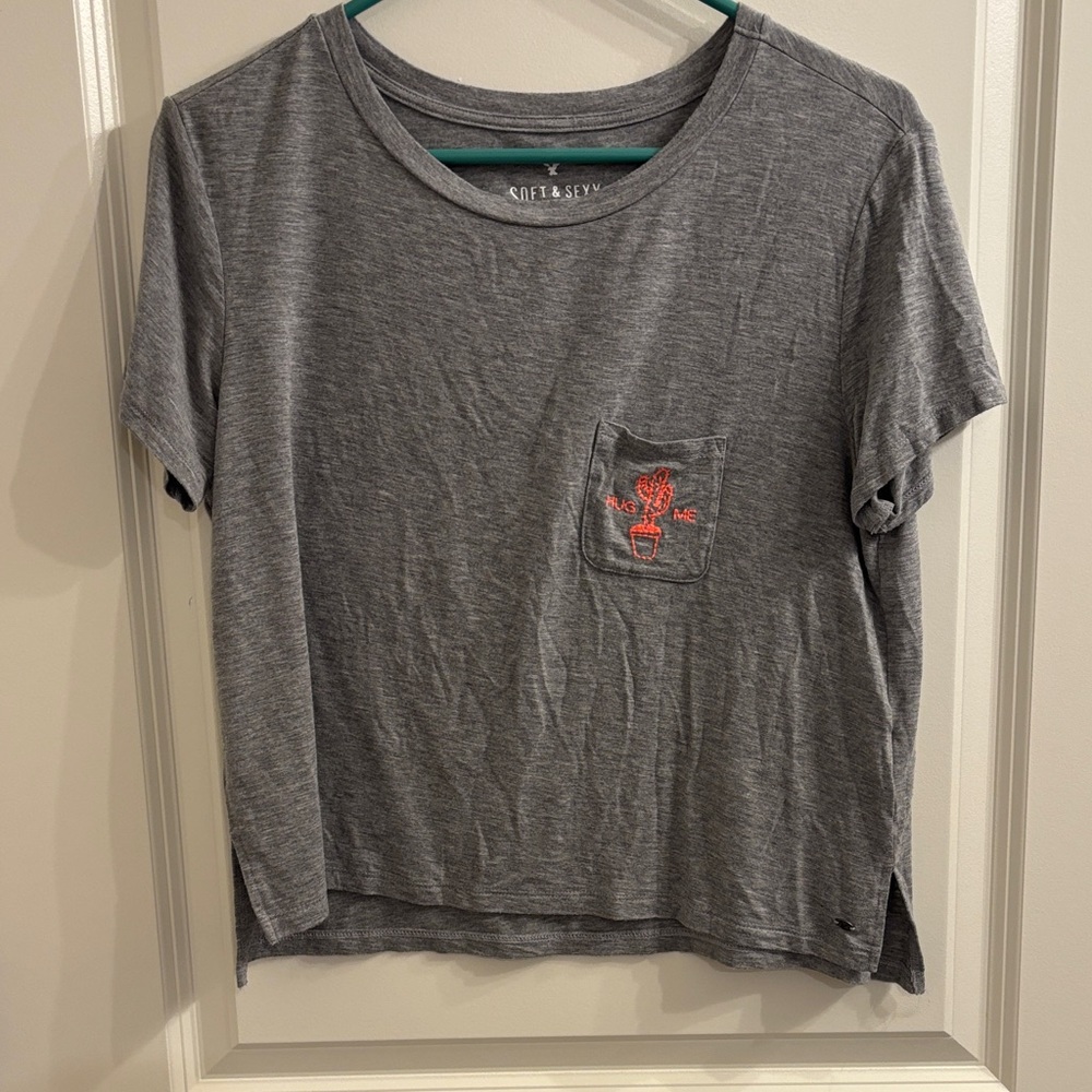 American Eagle Outfitters Gray Tee with Red Cactus Pocket